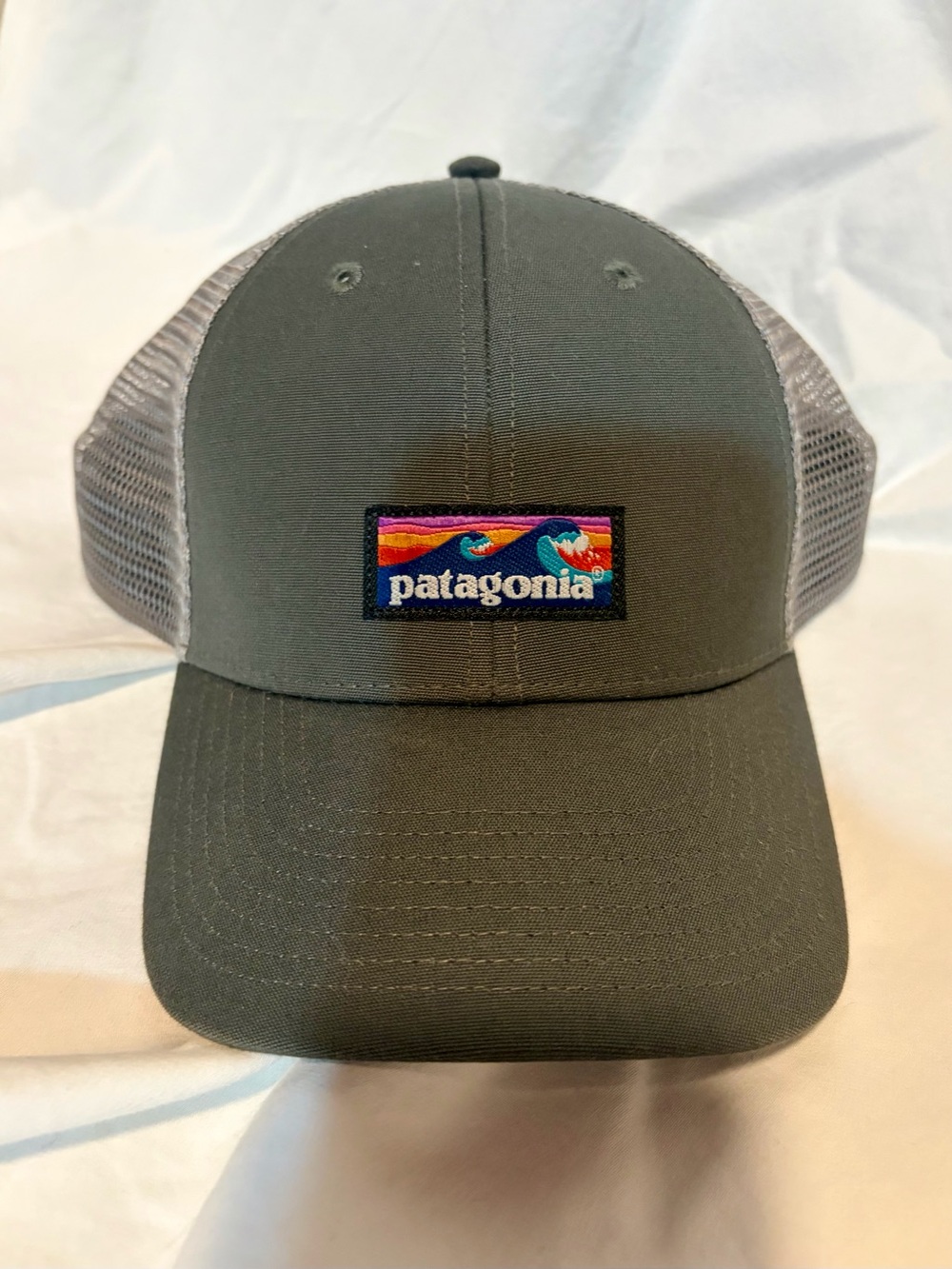 Patagonia Grey Trucker Hat with Multicolor Logo Patch